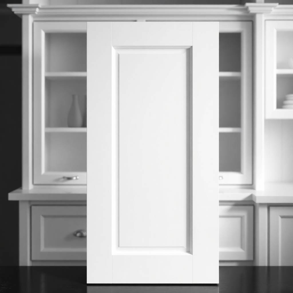 Classic black and white photograph flat panel MDF shaker-style cabinet door, matte white finish, 34” thick, 2.5” rails. Timeless elegance, sharp focus, high contrast, clean lines